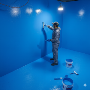 فني متخصص من شركة العصر الحديث يقوم بتطبيق عزل خزانات المياه بمادة الإيبوكسي الغذائية 