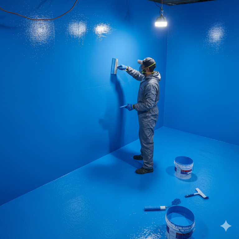 فني متخصص من شركة العصر الحديث يقوم بتطبيق عزل خزانات المياه بمادة الإيبوكسي الغذائية