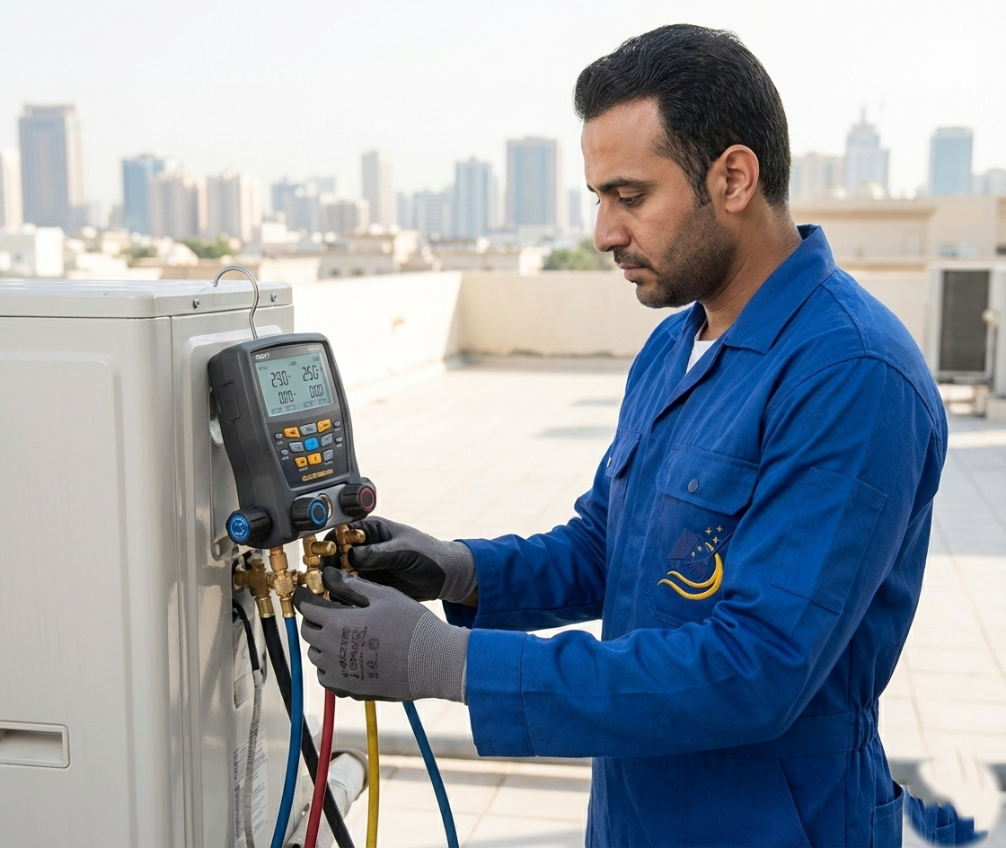 فني متخصص يستخدم أجهزة قياس ضغط دقيقة لفحص مستوى فريون مكيفات سبليت، لضمان الكفاءة قبل عملية التعبئة